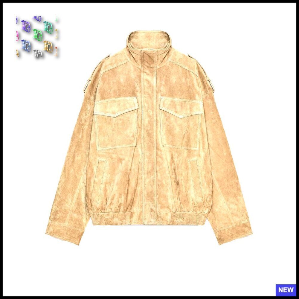 Oversized Suede Leather Jacket High Collar Long Cuffed Sleeves Zipper Coat